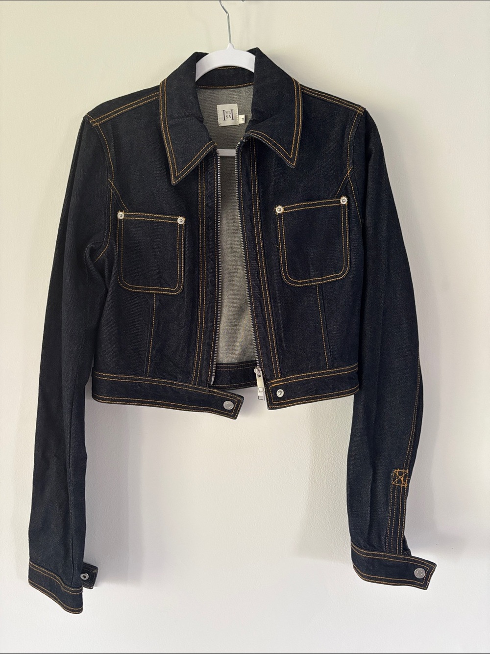 Women’s Dark Denim Cropped Jacket with Contrast Stitching M - Picture 2 of 6